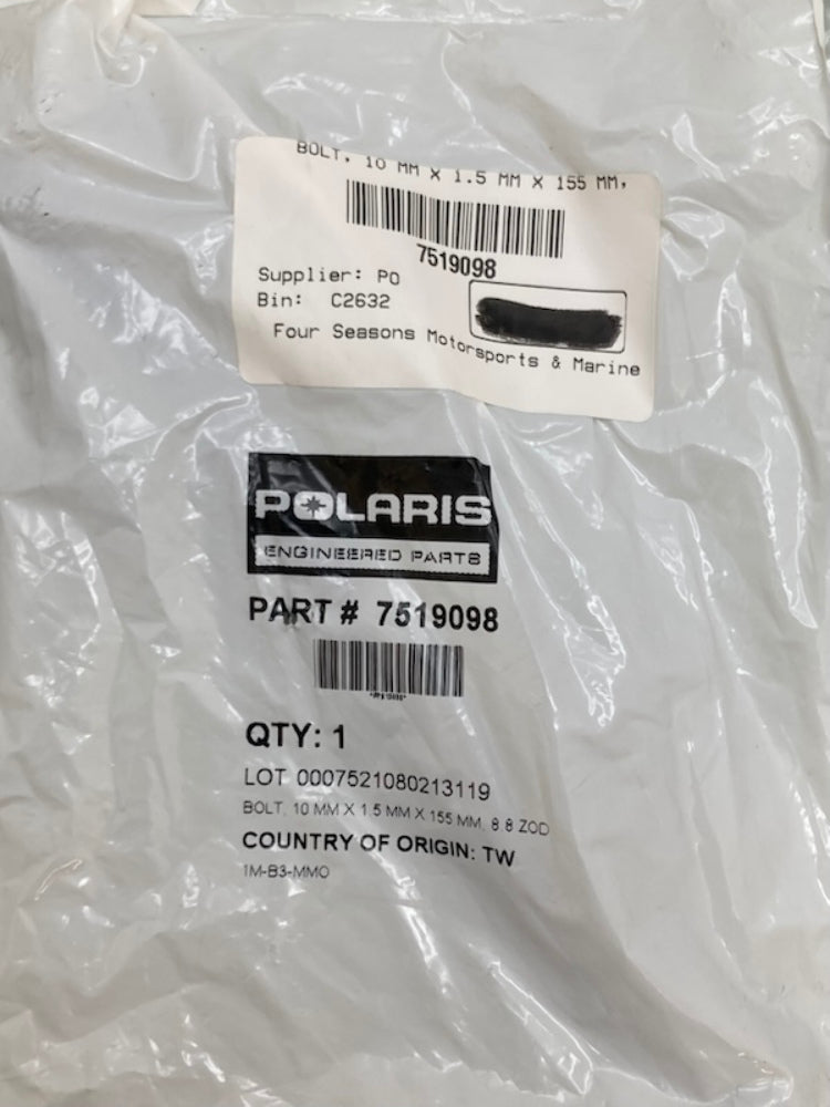Polaris 7519098 Hex Head Ski Mounting Bolt (10mmX1.5mmX155mm 8.8ZOD) New Genuine