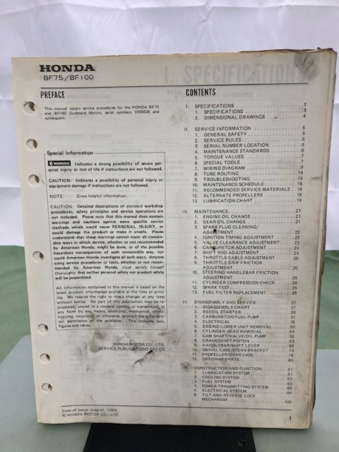 Honda 6188223 BF75 BF100 Shop Manual '78-'85 Genuine