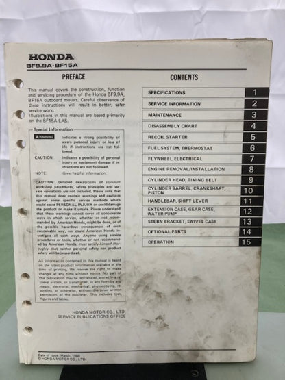 Honda 61ZV400 BF9.9A/15A Shop Manual '88 with Supplement 61ZV400W '98 Genuine
