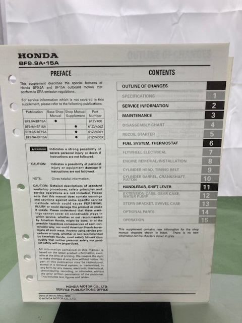 Honda 61ZV400 BF9.9A/15A Shop Manual '88 with Supplement 61ZV400W '98 Genuine