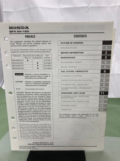 Honda 61ZV400 BF9.9A/15A Shop Manual '88 with Supplement 61ZV400W '98 Genuine