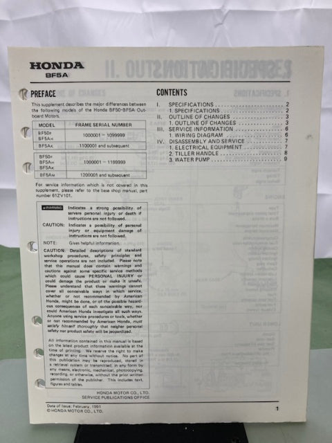 Honda 61ZV101 BF50 BF50A Shop Manual '88 with Supplements Genuine