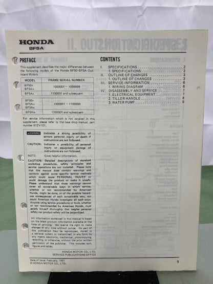 Honda 61ZV101 BF50 BF50A Shop Manual '88 with Supplements Genuine