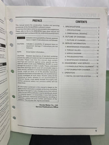Honda 61ZV101 BF50 BF50A Shop Manual '88 with Supplements Genuine