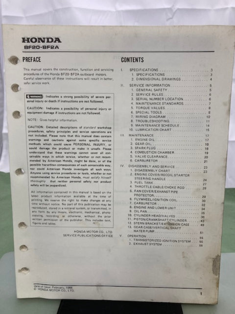 Honda 61ZV001 BF20 BF2A Shop Manual '88 Genuine