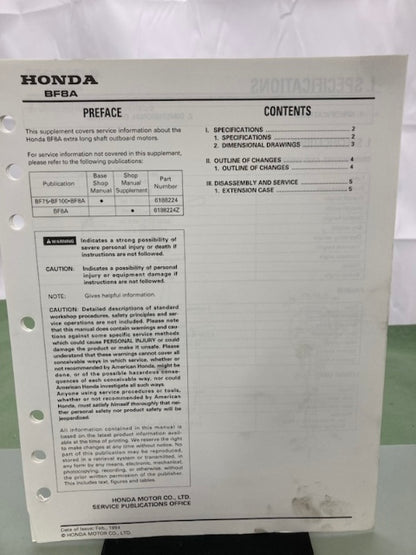Honda 6188224Y 6188224X BF8A Supplement Shop Manual for 6188224 '95-'98 Genuine