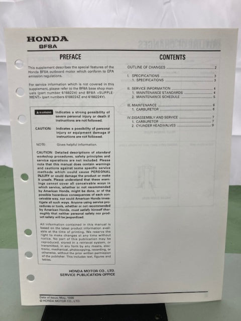 Honda 6188224Y 6188224X BF8A Supplement Shop Manual for 6188224 '95-'98 Genuine