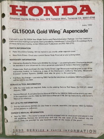 Honda 61MY400 GL1500 Goldwing Service Manual & 61MY400-AH ETM 1992 Genuine