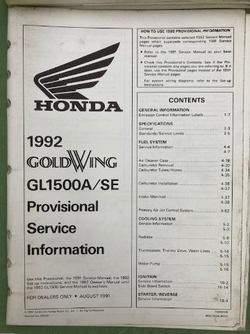 Honda 61MY400 GL1500 Goldwing Service Manual & 61MY400-AH ETM 1992 Genuine
