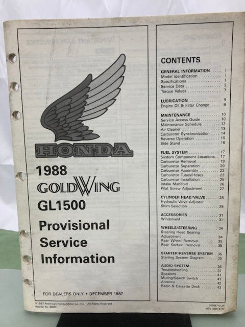 Honda S0030 GL1500 Goldwing Provisional Service Information Manual 1988 Genuine