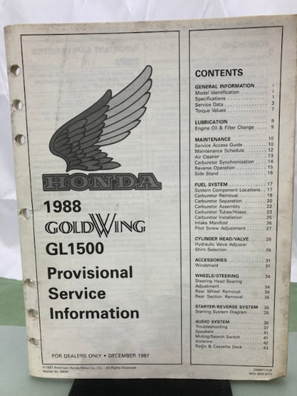 Honda S0030 GL1500 Goldwing Provisional Service Information Manual 1988 Genuine