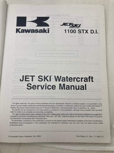 Kawasaki 99924-1256-02 1100 STX D.I. Jet Ski Service Manual 2000 Genuine