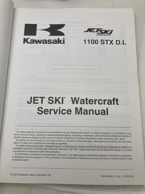 Kawasaki 99924-1307-01 1100 STX D.I. Jet Ski Service Manual 2002 Genuine