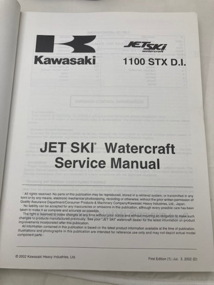 Kawasaki 99924-1307-01 1100 STX D.I. Jet Ski Service Manual 2002 Genuine