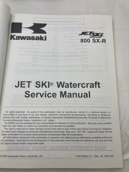 Kawasaki 99924-1314-01 800 SX-R Jet Ski Service Manual 2002 Genuine