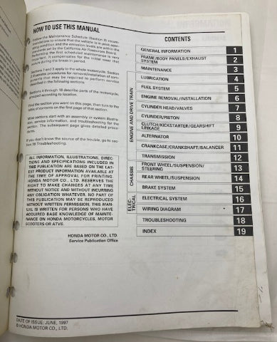 Honda 61KCE08 XR205R 1996-2004 Service Manual 1997 Genuine
