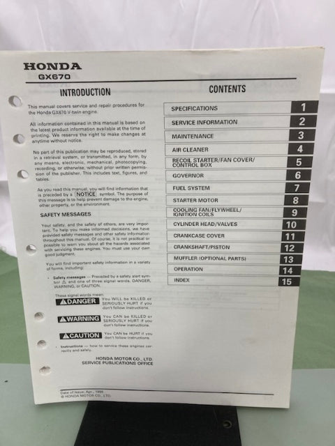Honda 61ZJ110Z GX670 Engine Shop Manual '99 w/ 61ZJ110W Supplements '01 Genuine