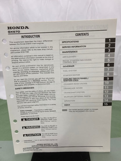Honda 61ZJ110Z GX670 Engine Shop Manual '99 w/ 61ZJ110W Supplements '01 Genuine