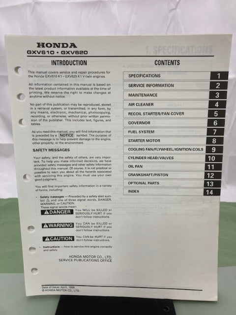 Honda 61ZJ410 GXV610K1 GXV620K1 Engine Shop Manual 1999 Genuine