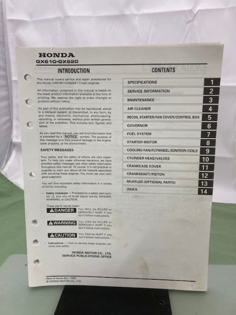 Honda 61ZJ110 GX610K1 GX620K1 Engine Shop Manual '99 w/ Supplements Genuine
