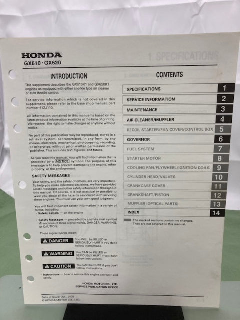 Honda 61ZJ110 GX610K1 GX620K1 Engine Shop Manual '99 w/ Supplements Genuine