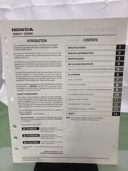 Honda 61ZJ110 GX610K1 GX620K1 Engine Shop Manual '99 w/ Supplements Genuine