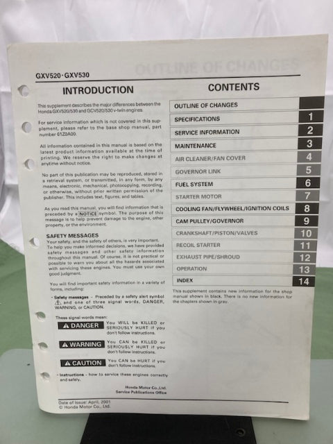 Honda 61Z0A00 GCV520 GCV530 Engine Shop Manual '00 w/ Supp 61Z0A00Z 2001 Genuine