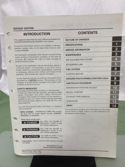 Honda 61Z0A00 GCV520 GCV530 Engine Shop Manual '00 w/ Supp 61Z0A00Z 2001 Genuine