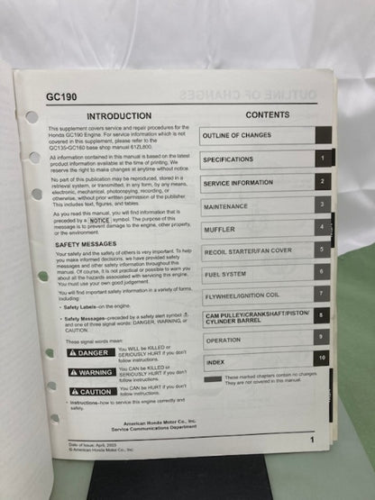 Honda 61ZL800 GC135 GC160 Engine Shop Manual '97 w/ Supp 61ZL800Z '03 Genuine