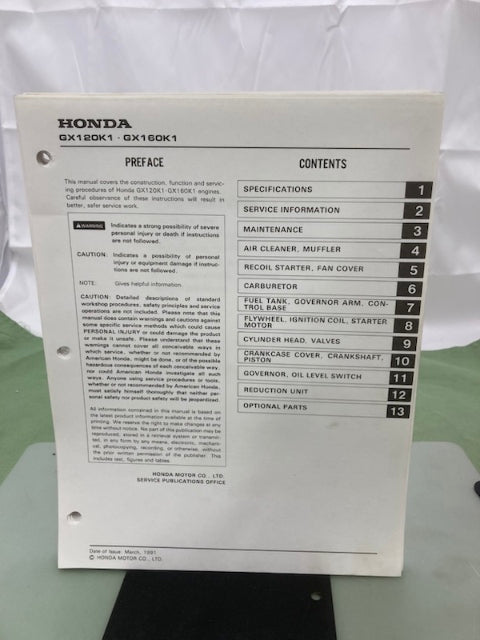Honda 61ZH700 GX120K1 GX160K1 Engine Shop Man '91 w/ Supp 61ZH700Z '93 Genuine