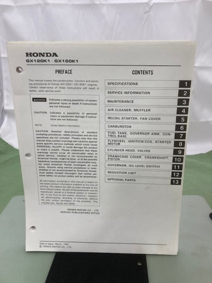 Honda 61ZH700 GX120K1 GX160K1 Engine Shop Man '91 w/ Supp 61ZH700Z '93 Genuine