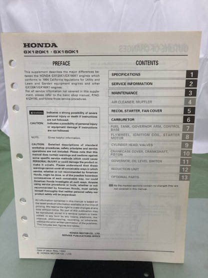 Honda 61ZH700 GX120K1 GX160K1 Engine Shop Man '91 w/ Supp 61ZH700Z '93 Genuine