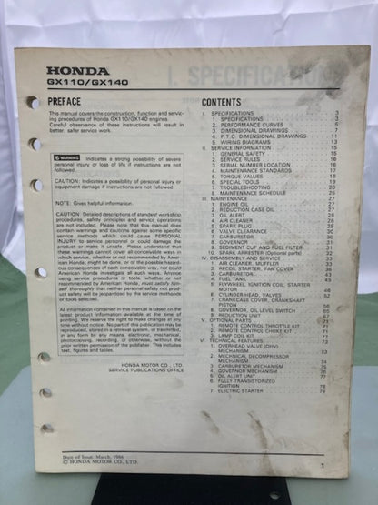 Honda 61ZE010 GX110 GX140 Engine Shop Manual 1986 Genuine