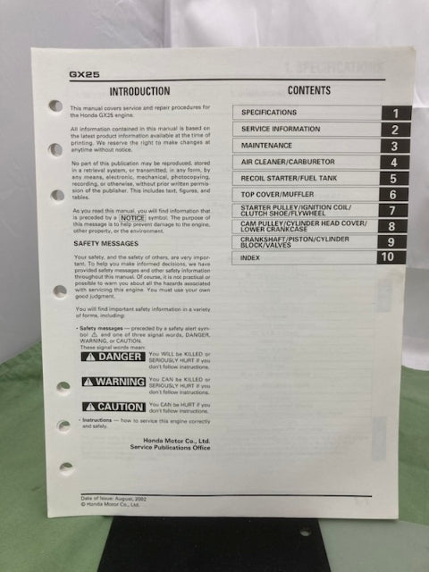 Honda 61Z0H00 GX25 Engine Shop Manual 2002 w/ Supplement 61Z0H00Z 2003 Genuine