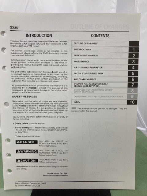 Honda 61Z0H00 GX25 Engine Shop Manual 2002 w/ Supplement 61Z0H00Z 2003 Genuine