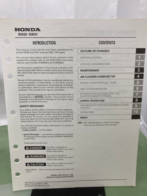 Honda 61ZM300 GX22 GX31 Engine Shop Manual '97 w/ Supps 61ZM300Z/Y 2000 Genuine
