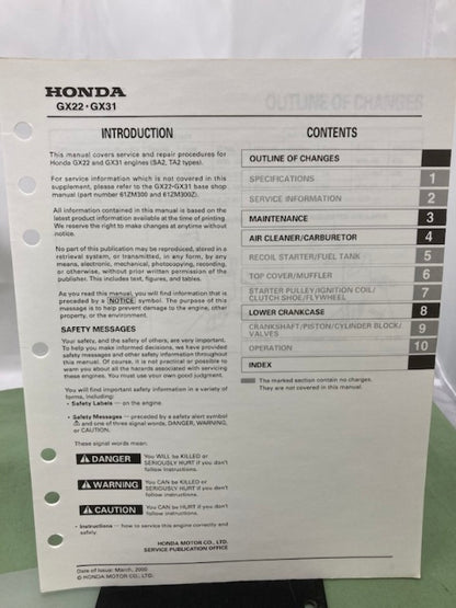 Honda 61ZM300 GX22 GX31 Engine Shop Manual '97 w/ Supps 61ZM300Z/Y 2000 Genuine