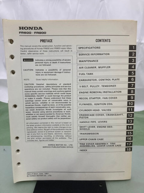 Honda 6177000 FR600 FR800 Rotary Tiller Shop Manual 1991 Genuine