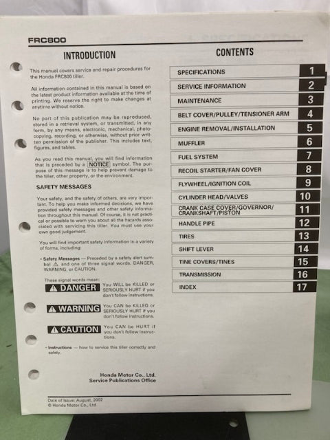 Honda 61V2000 FRC800 Tiller Shop Manual 2002 Genuine