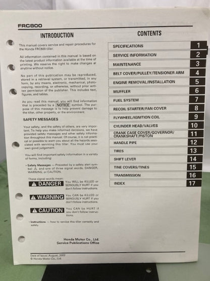 Honda 61V2000 FRC800 Tiller Shop Manual 2002 Genuine