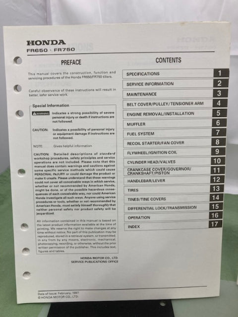 Honda 6177700 FR650 FR750 Tiller Shop Manual '97 w/ Supplement 6177700Z Genuine