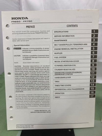 Honda 6177700 FR650 FR750 Tiller Shop Manual '97 w/ Supplement 6177700Z Genuine