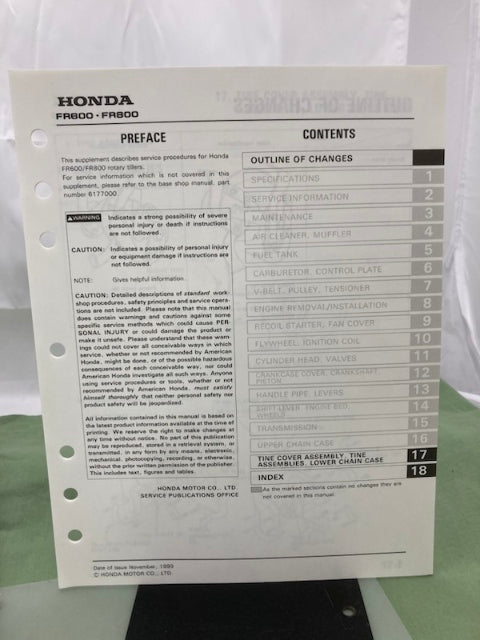 Honda 6177700 FR650 FR750 Tiller Shop Manual '97 w/ Supplement 6177700Z Genuine