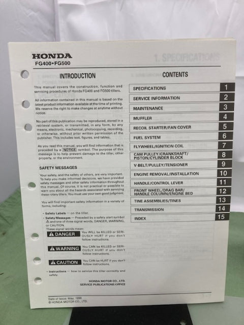 Honda 61V0800 FG400 FG50  Tiller Shop Manual 1998 Genuine