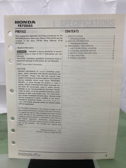 Honda 6172310 FR500 FR700 Tiller Shop Manual 1980 w/ Supplement 6172310Z Genuine