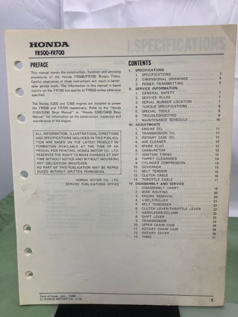 Honda 6172310 FR500 FR700 Tiller Shop Manual 1980 w/ Supplement 6172310Z Genuine