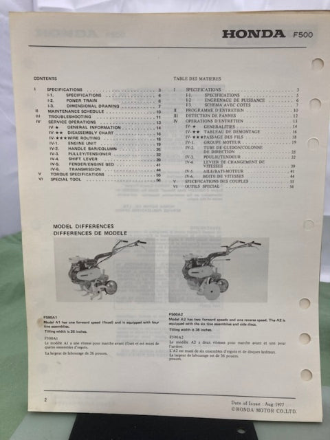 Honda 6872310 F500 Tiller Shop Manual 1977 Genuine