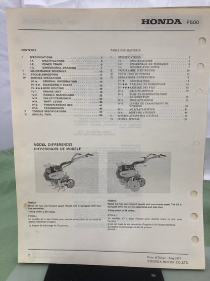 Honda 6872310 F500 Tiller Shop Manual 1977 Genuine