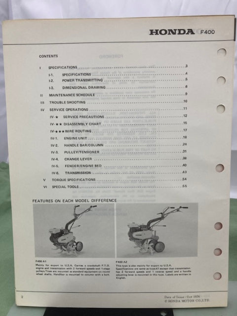 Honda 6172300 F400 Tiller Shop Manual 1976 Genuine