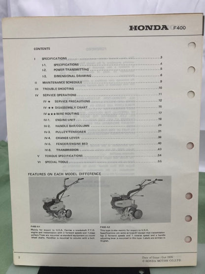 Honda 6172300 F400 Tiller Shop Manual 1976 Genuine